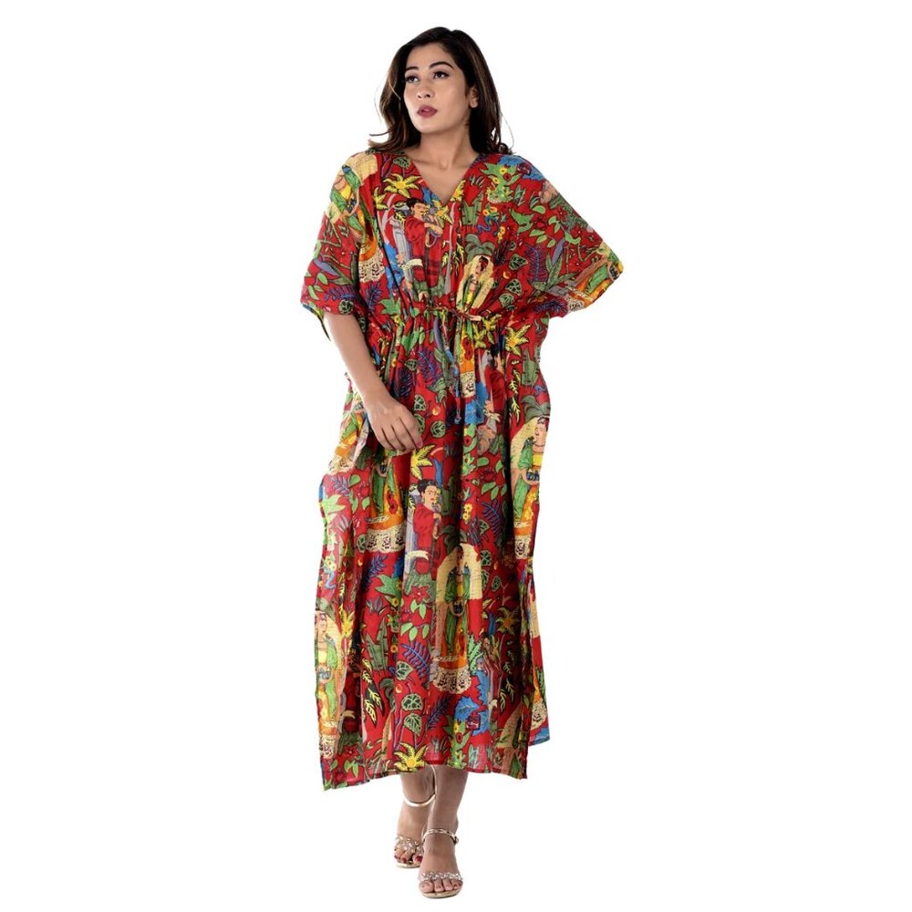BRAND NEW Red Frida Kahlo Block Printed Kaftan, Cotton summer Maxi dress Gifts